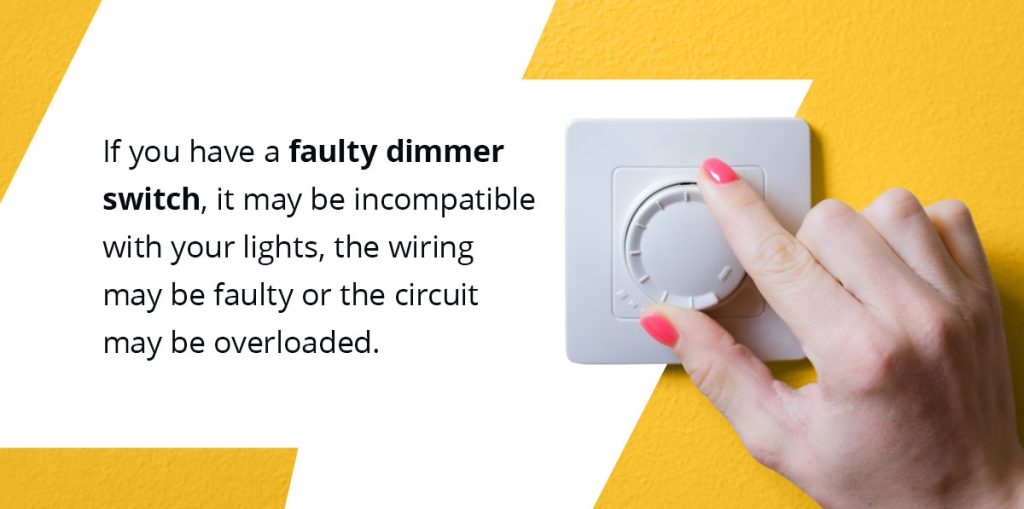 If you have a faulty dimmer switch, it may be incompatible with your lights, the wiring may be faulty or the circuit may be overloaded.