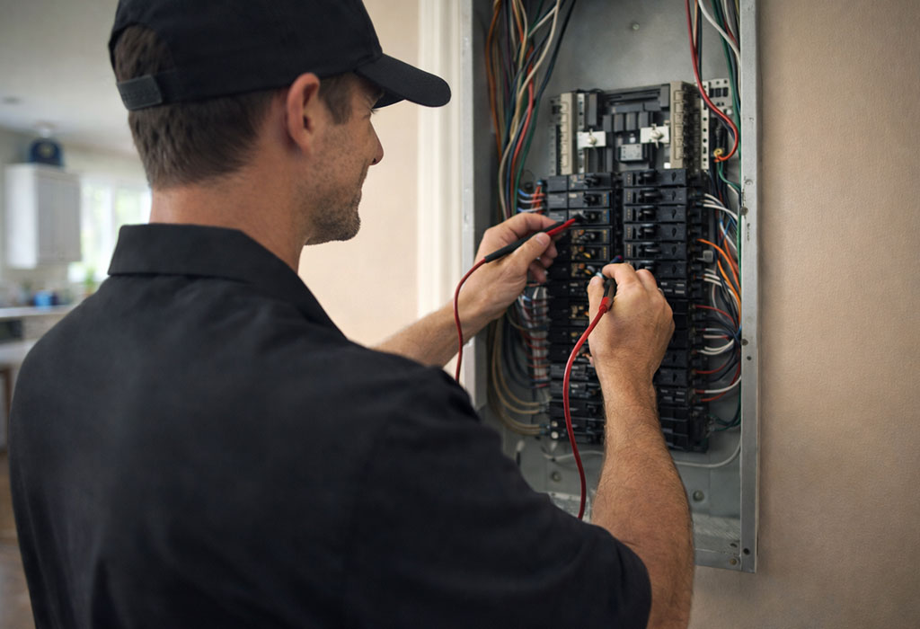 Licensed electrician using a multimeter to inspect and test a home breaker panel for safety and performance.